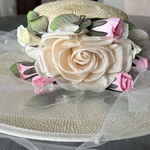 Beautiful cream and pink silk flower tea party dress hat